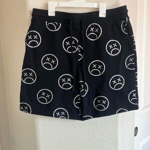 Fashion Nova Black Seeat Shorts with White Sad Face Print - FashionMEN